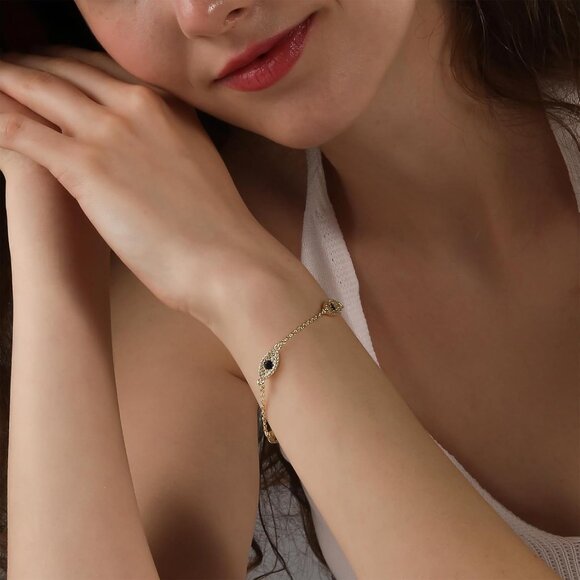 14K Gold Plated Evil Eye Stackable Link Chain Ring Bracelet Hand Chain for Women - Picture 4 of 8